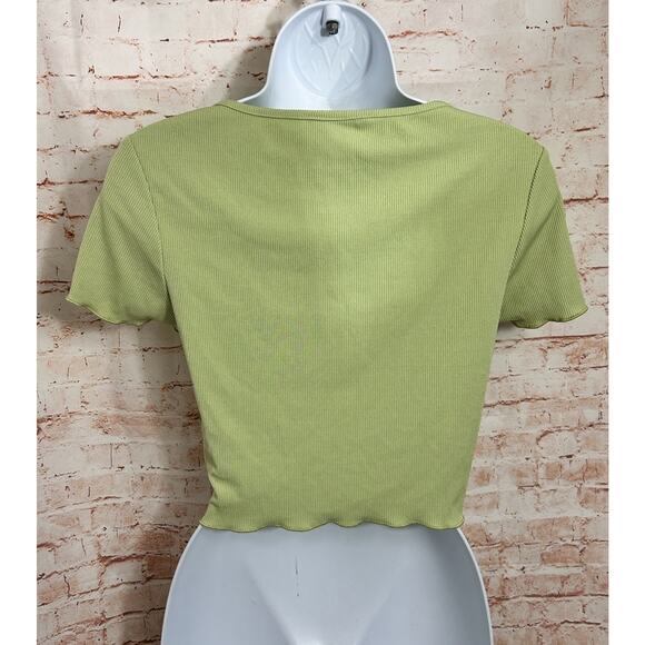 Shein Green Ribbed Crop Blouse Sz Large V-Neck Short Sleeve Top Retro Stretch - Picture 5 of 5